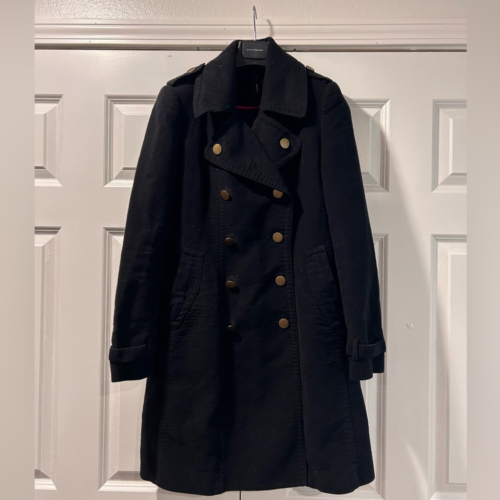Mango Coat heavy Cotton black double breasted womens size Medium midlength
